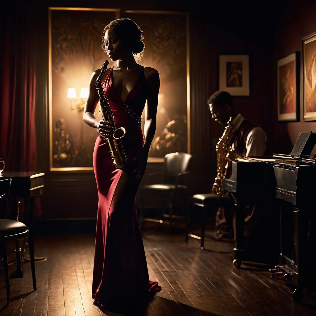 A seductive saxophonist playing sultry music in a dimly-lit jazz club, surrounded by shadows and soft, warm lighting. Sensual silhouettes of dancers in the background, creating an atmosphere of allure and intimacy. Rich shades of red and gold to evoke warmth and passion, with musical notes elegantly swirling in the air. super-realistic. vibrant colors. dramatic lighting.