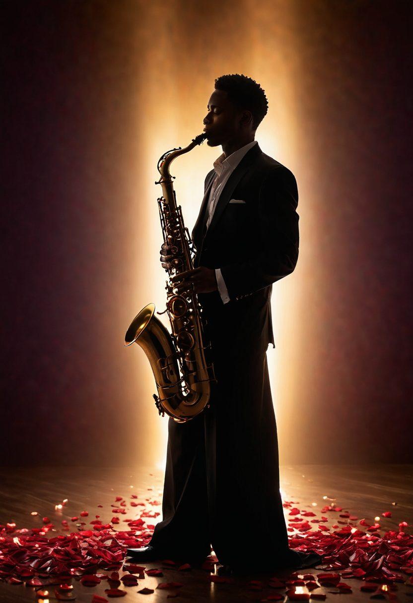 A sultry saxophonist enveloped in warm, golden spotlight, passionately playing a saxophone amidst a vibrant swirl of intimate silhouettes and soft, flowing musical notes. The background features sensual abstract shapes and deep, rich colors that evoke desire and intimacy. Elements like rose petals and soft candlelight enhance the atmosphere of romance. Incorporate a slight haze for a dreamy effect. super-realistic. vibrant colors. dramatic lighting.